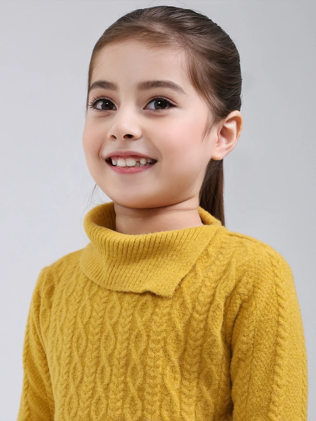 Girls Mustard Self Design Round Neck Full Sleeve Pullover - Image 7