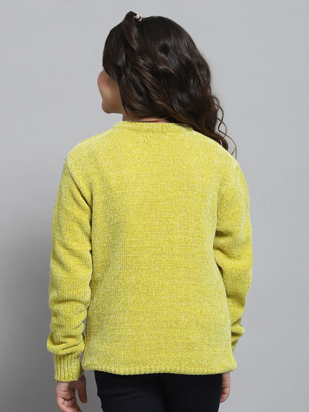 Girls Mustard Self Design Round Neck Full Sleeve Winter Top - Image 5