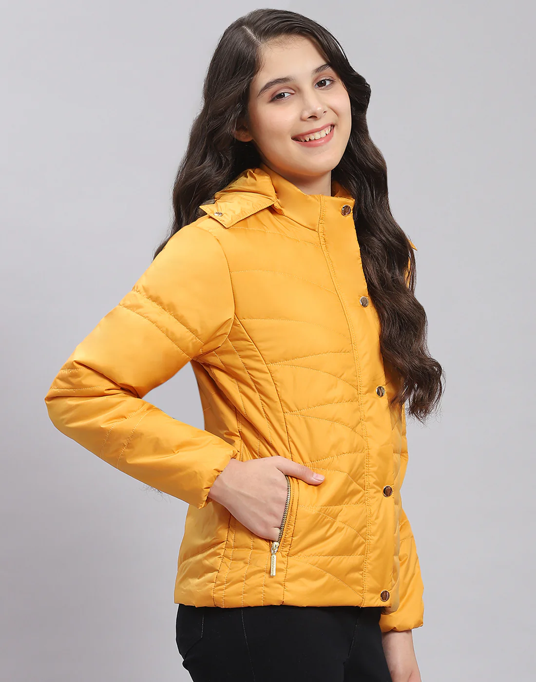 Girls Mustard Solid Hooded Full Sleeve Girls Jacket - Image 5