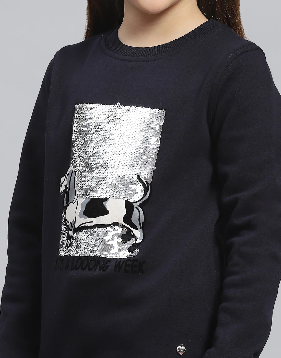 Girls Navy Blue Embellished Round Neck Full Sleeve Sweatshirt - Image 7