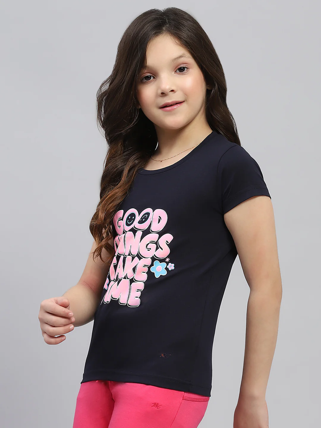 Girls Navy Blue & Pink Printed Round Neck Half Sleeve Top 2Pc Set - Image 4