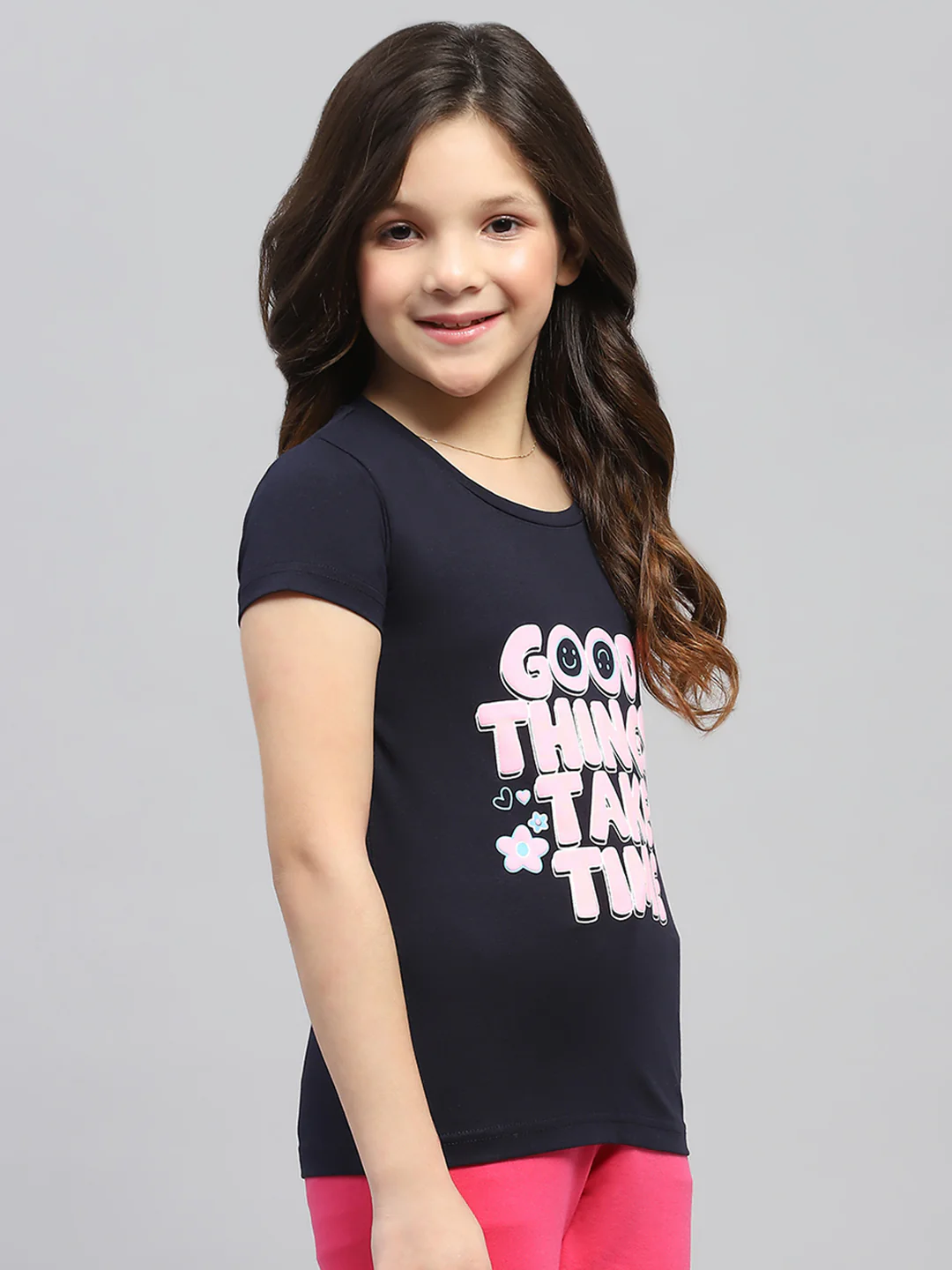 Girls Navy Blue & Pink Printed Round Neck Half Sleeve Top 2Pc Set - Image 5
