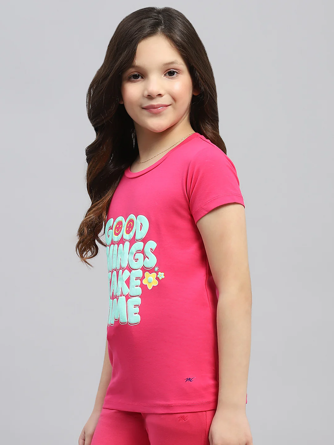 Girls Navy Blue & Pink Printed Round Neck Half Sleeve Top 2Pc Set - Image 8