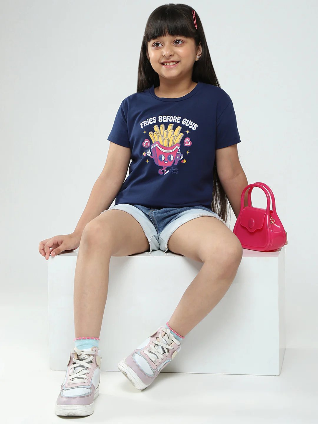 Girls Navy Blue & Pink Printed Round Neck Half Sleeve Top 2Pc Set - Image 2