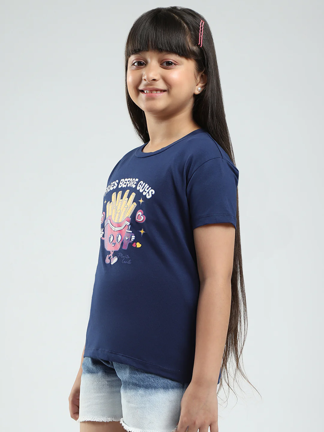 Girls Navy Blue & Pink Printed Round Neck Half Sleeve Top 2Pc Set - Image 4