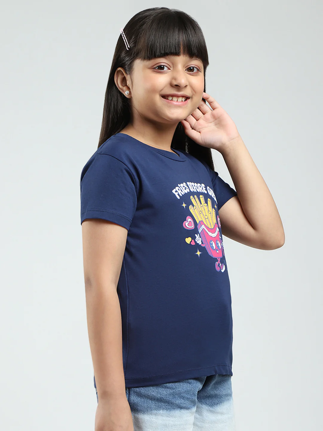 Girls Navy Blue & Pink Printed Round Neck Half Sleeve Top 2Pc Set - Image 5