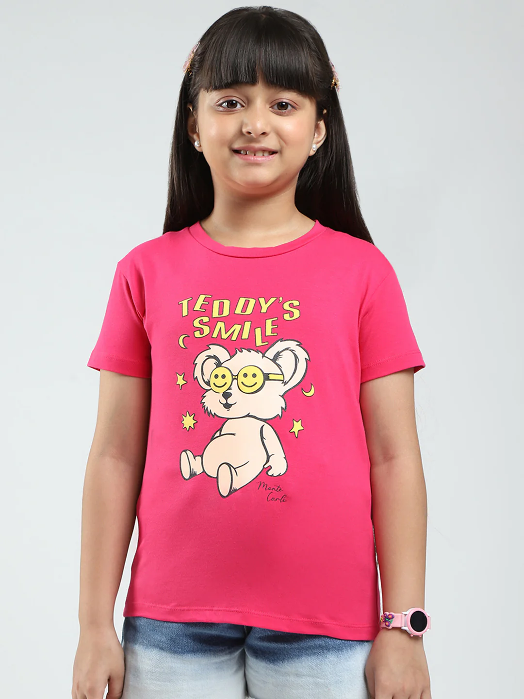 Girls Navy Blue & Pink Printed Round Neck Half Sleeve Top 2Pc Set - Image 7