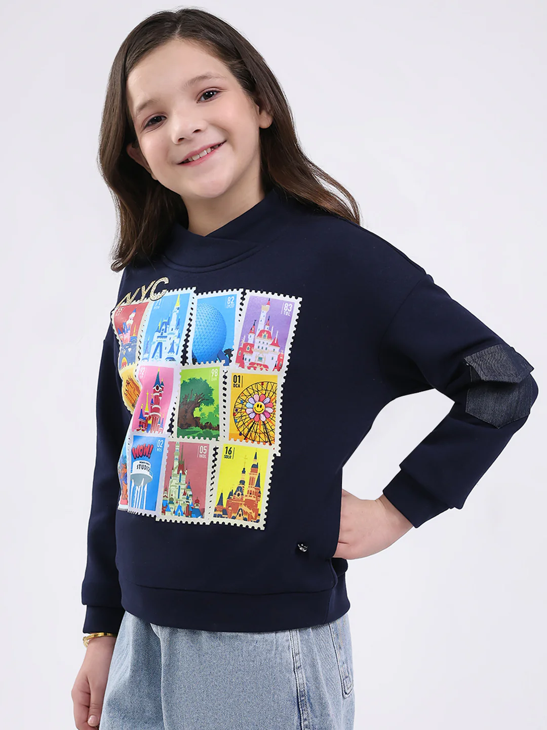 Girls Navy Blue Printed Mock Neck Full Sleeve Sweatshirt - Image 3