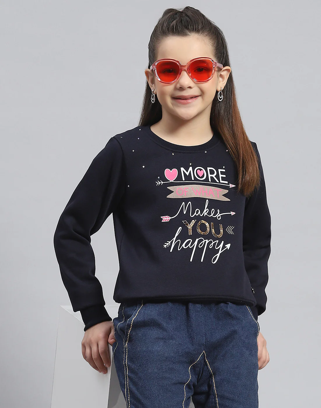 Girls Navy Blue Printed Round Neck Full Sleeve Sweatshirt - Image 6