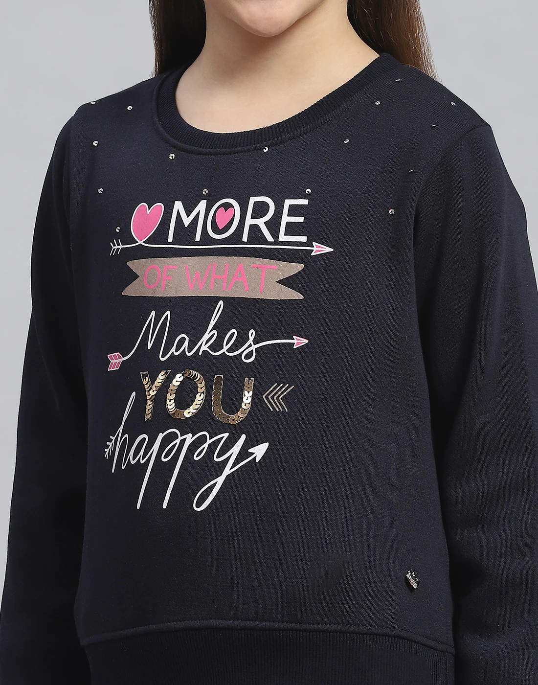 Girls Navy Blue Printed Round Neck Full Sleeve Sweatshirt - Image 7