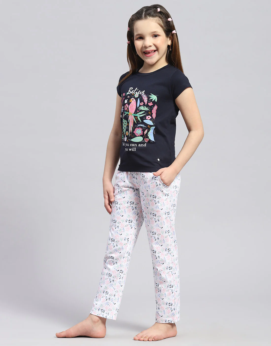 Girls Navy Blue Printed Round Neck Half Sleeve Lower Set - Image 3