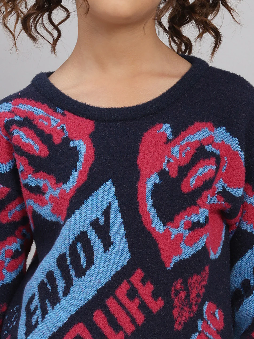 Girls Navy Blue Self Design Round Neck Full Sleeve Pullover - Image 6