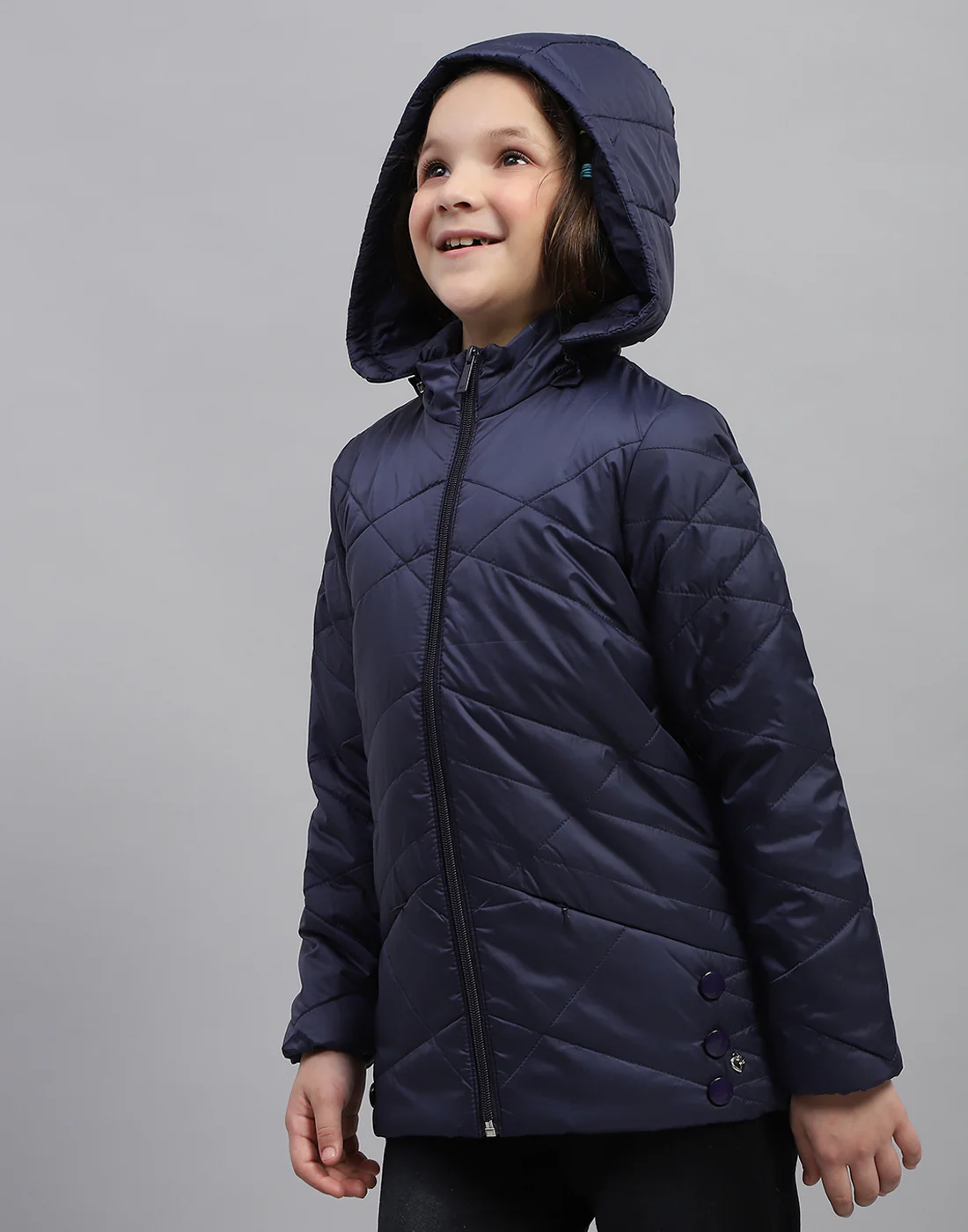Girls Navy Blue Solid Hooded Full Sleeve Jacket - Image 7
