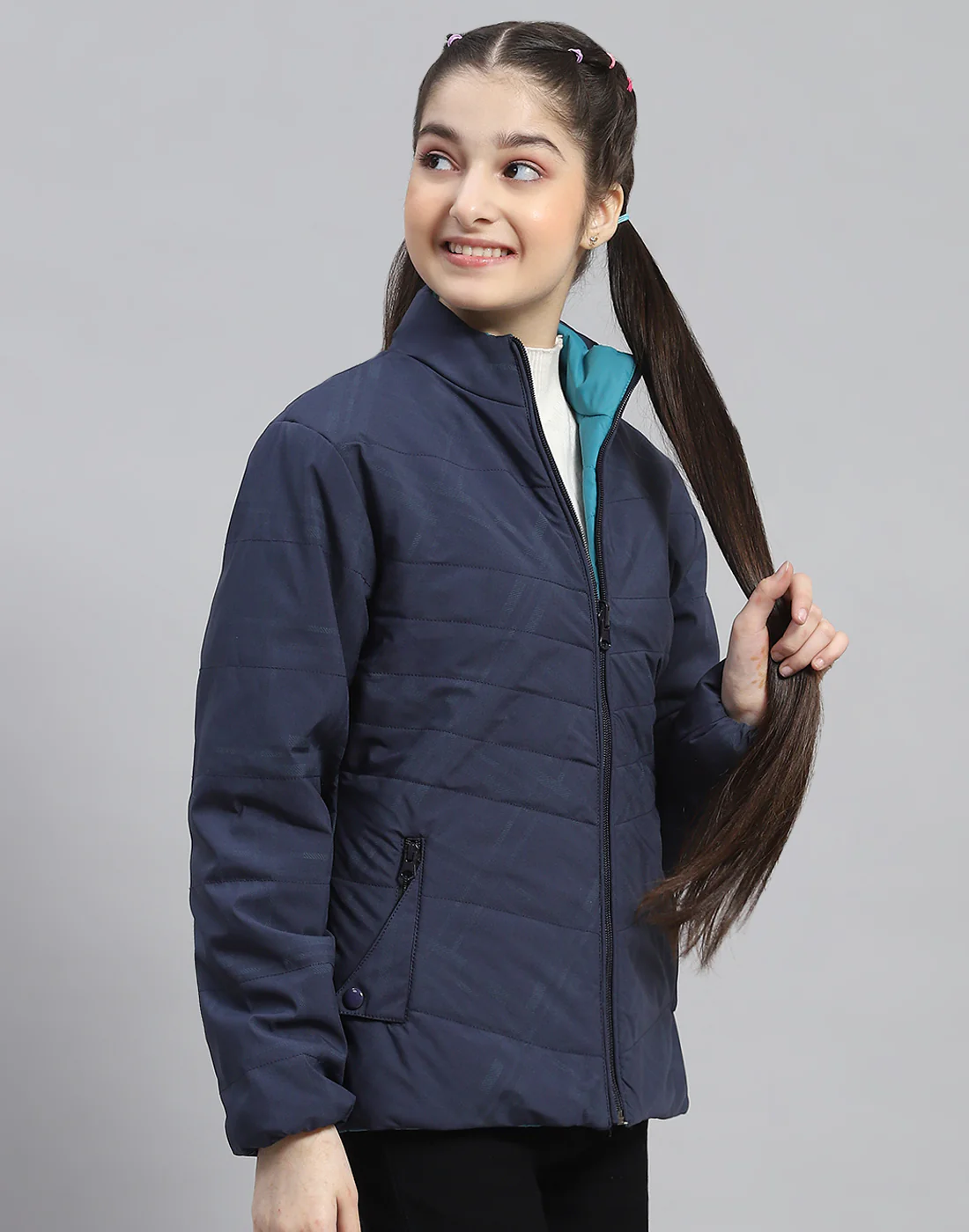 Girls Navy Blue Solid Stand Collar Full Sleeve Reversible Jacket - Image 4