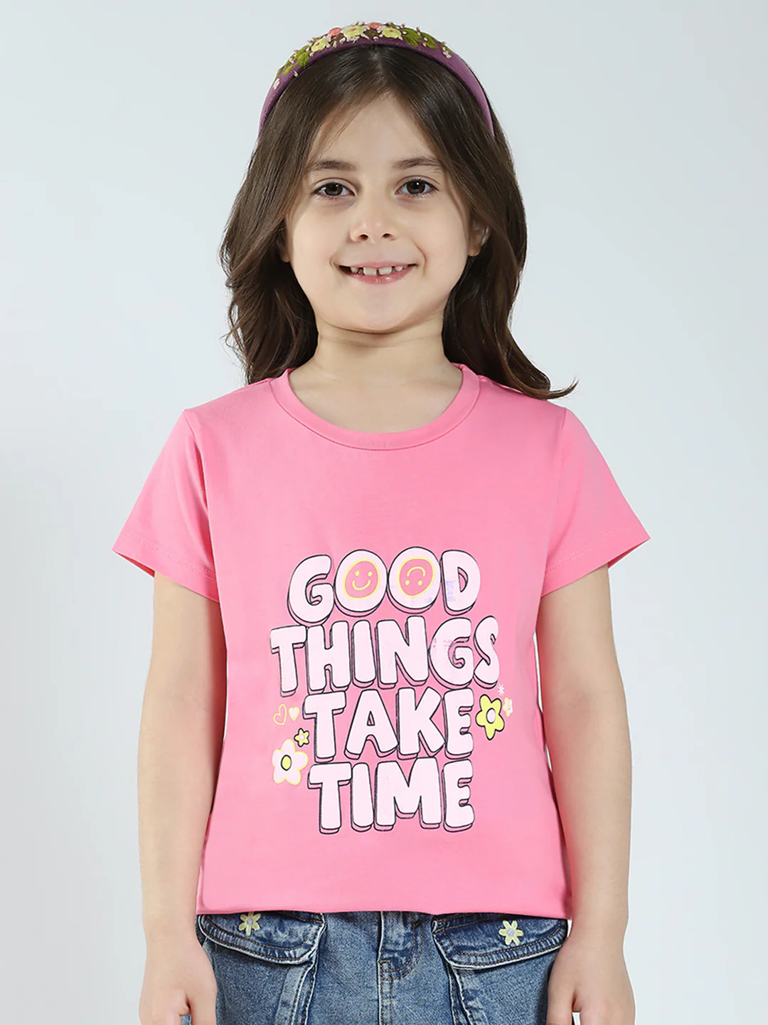 Girls Off White & Pink Printed Round Neck Half Sleeve Top 2Pc Set - Image 7
