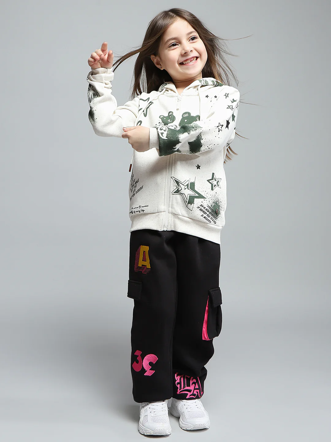 Girls Off White Printed Hooded Full Sleeve Sweatshirt - Image 2