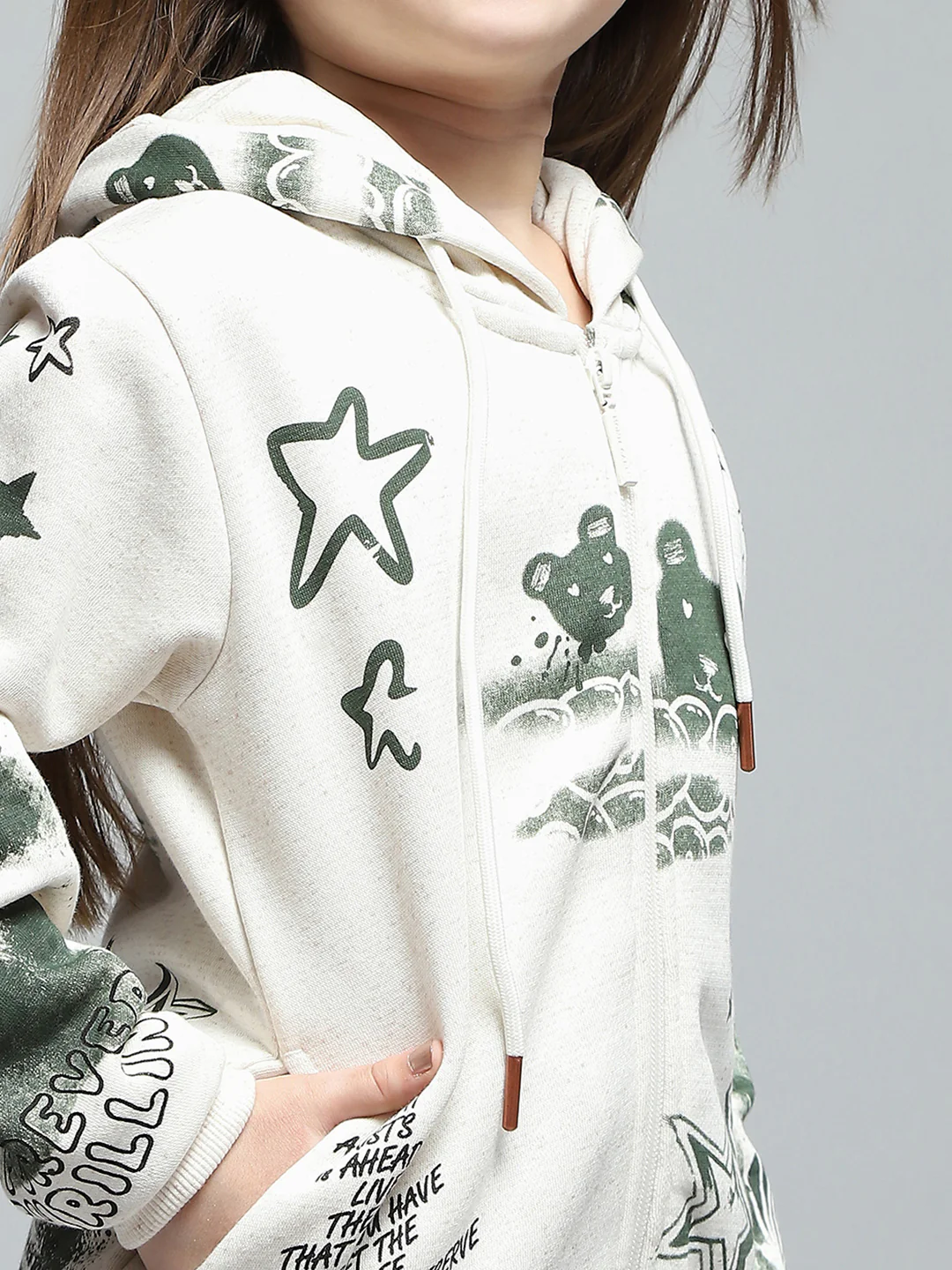 Girls Off White Printed Hooded Full Sleeve Sweatshirt - Image 6