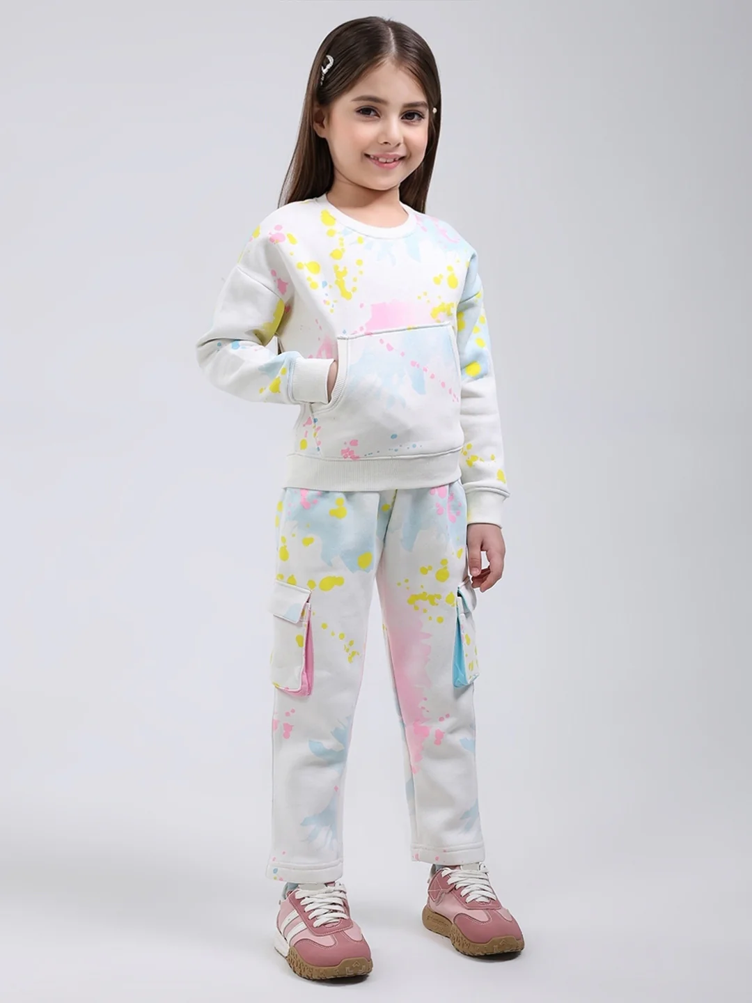 Girls Off White Printed Round Neck Full Sleeve Tracksuit - Image 4