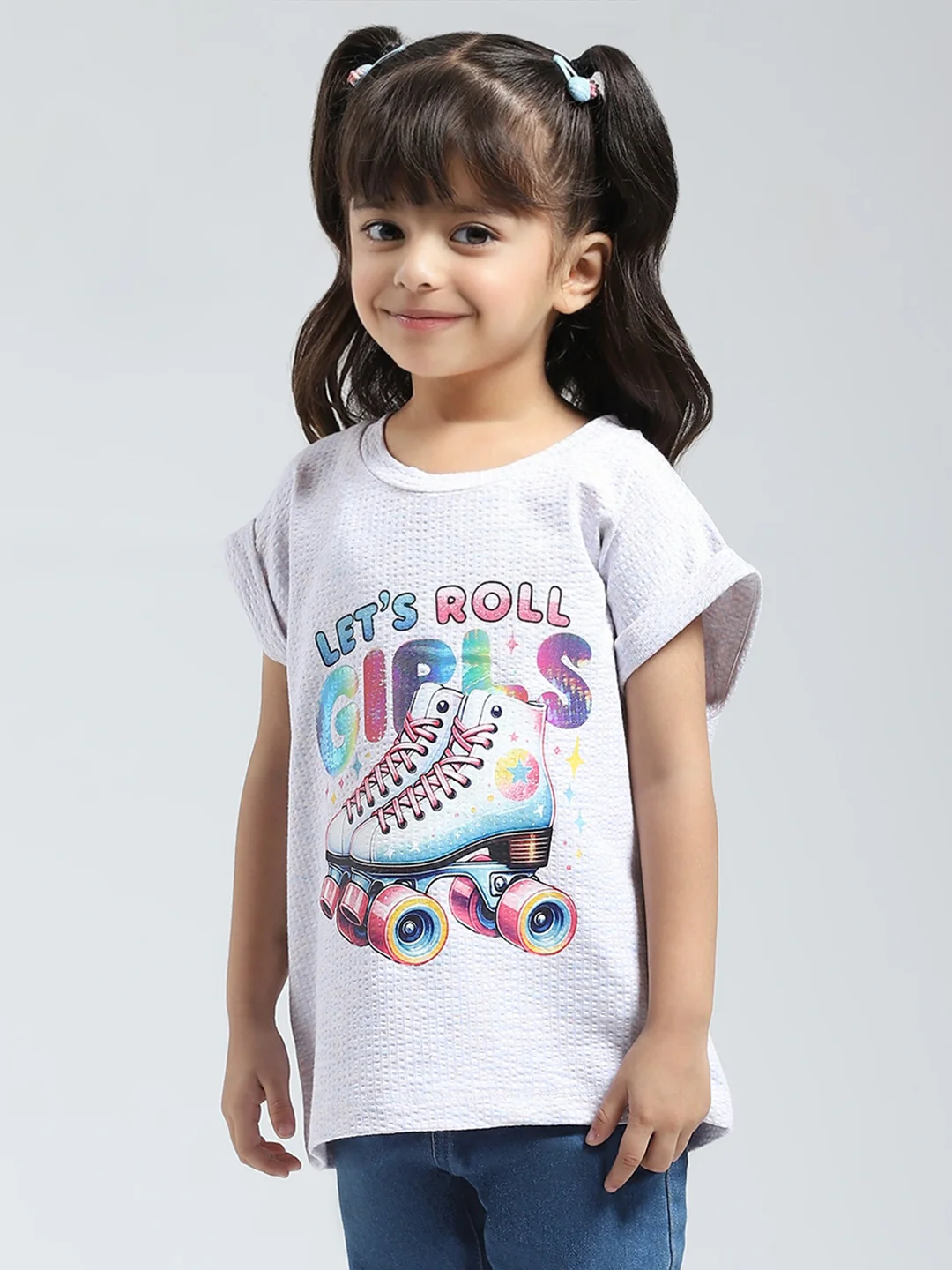 Girls Off White Printed Round Neck Half Sleeve Top - Image 6