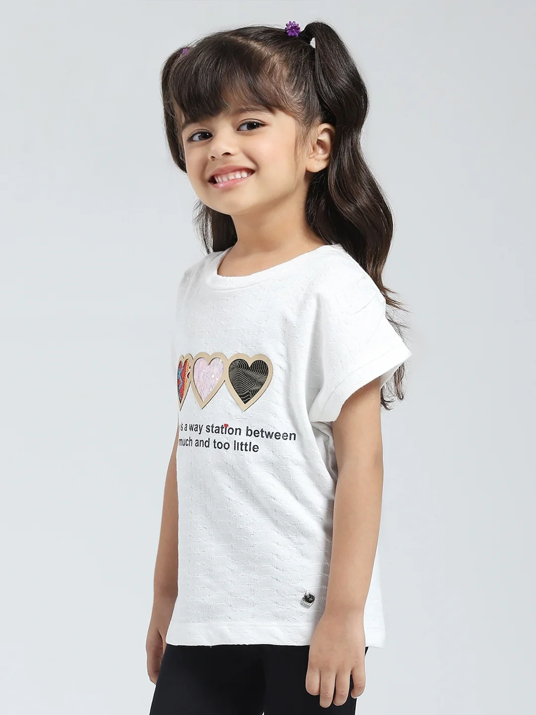 Girls Off White Printed Round Neck Half Sleeve Top - Image 3