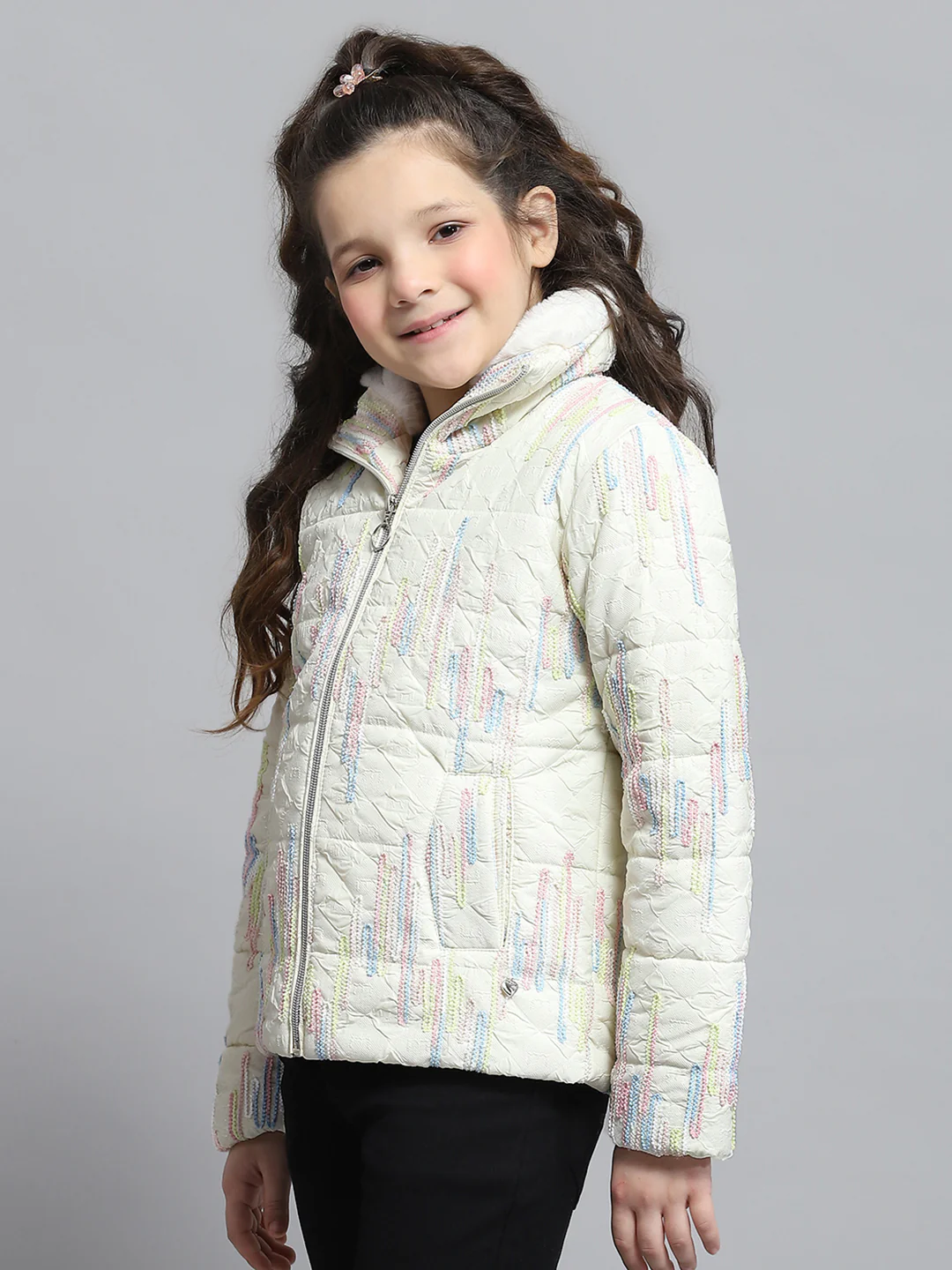 Girls Off White Self Design Collar Full Sleeve Jacket - Image 3