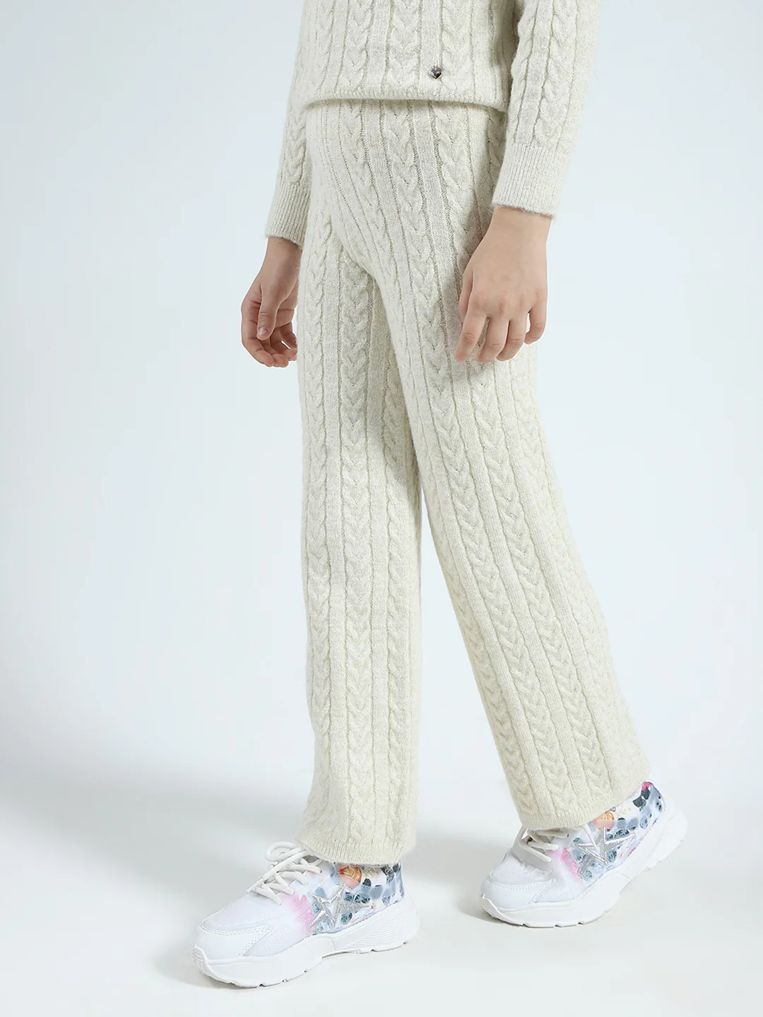 Girls Off White Self Design Round Neck Full Sleeve Cords Set - Image 6