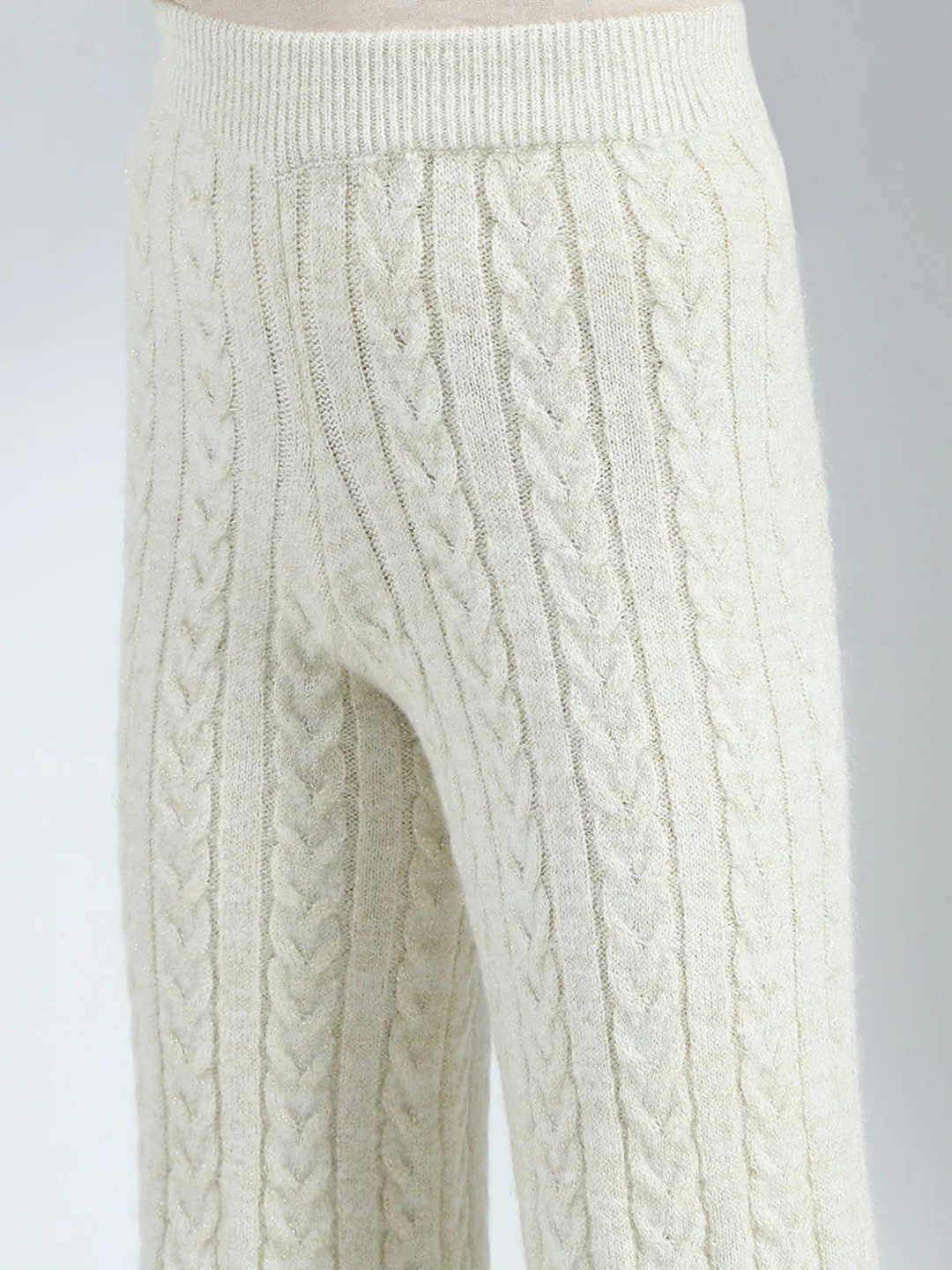 Girls Off White Self Design Round Neck Full Sleeve Cords Set - Image 8
