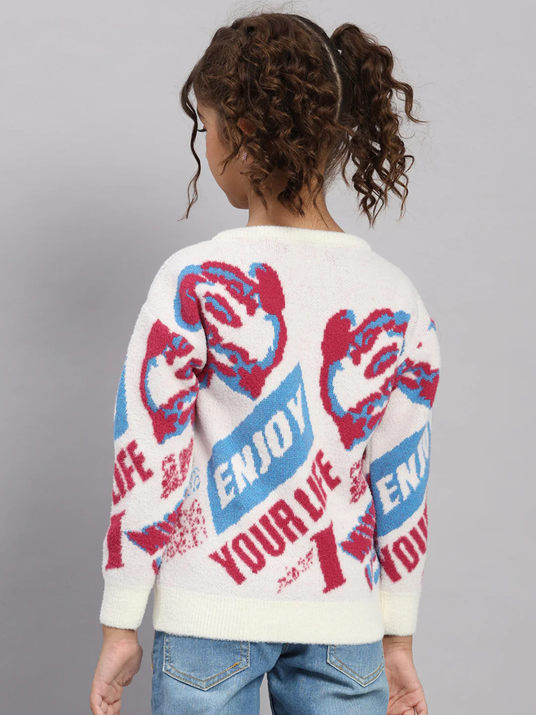 Girls Off White Self Design Round Neck Full Sleeve Pullover - Image 5