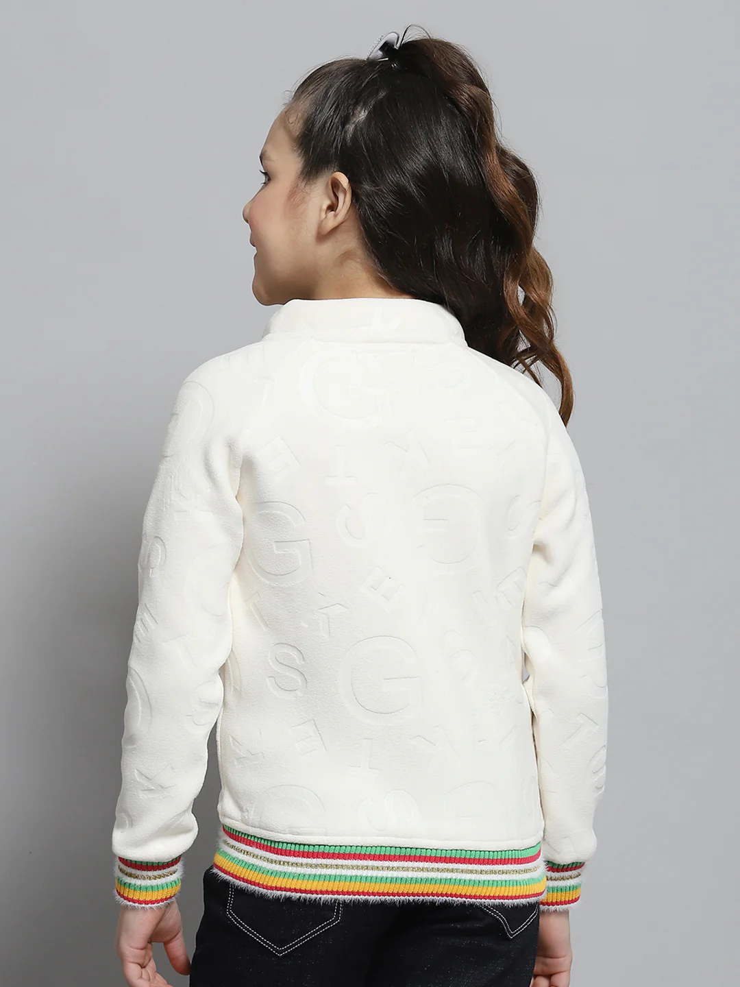 Girls Off White Self Design Round Neck Full Sleeve Sweatshirt - Image 5