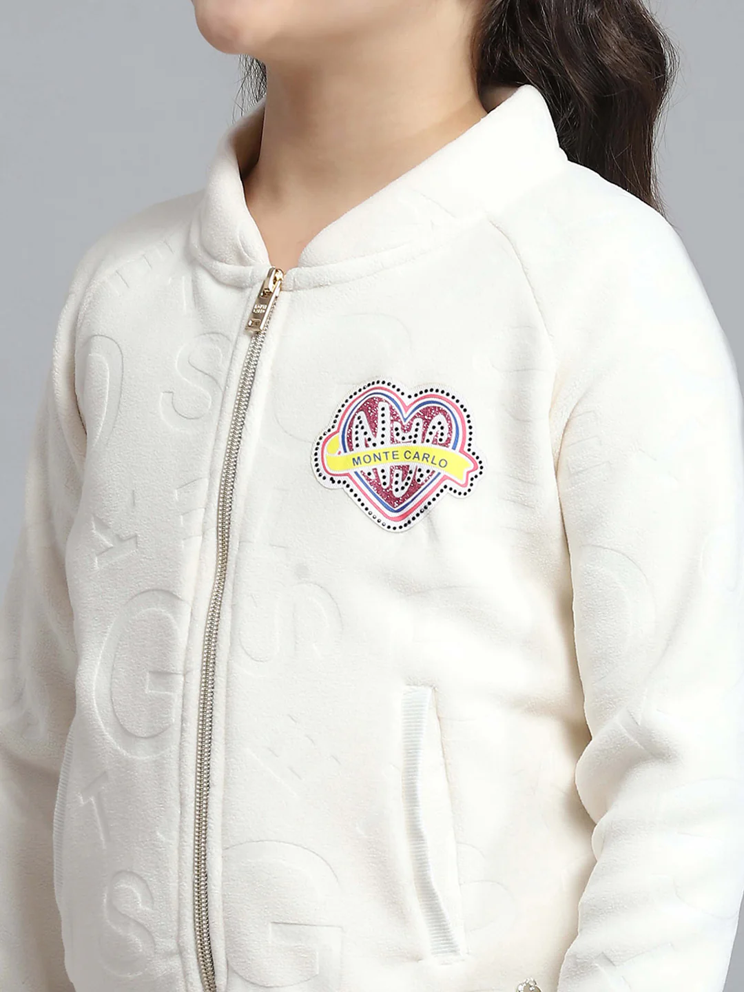 Girls Off White Self Design Round Neck Full Sleeve Sweatshirt - Image 7