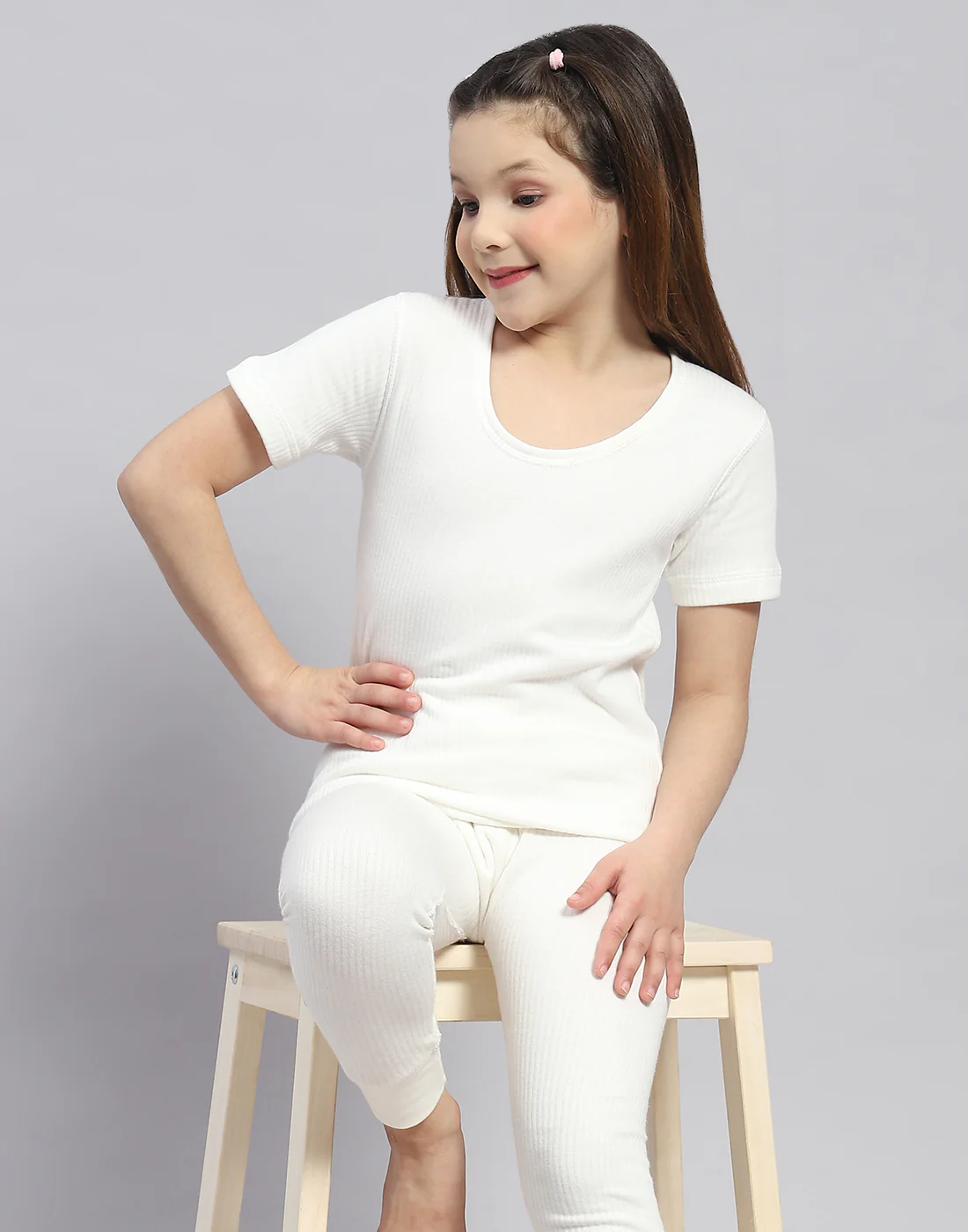 Girls Off White Solid Round Neck Half Sleeve Thermal Vest - Image 6