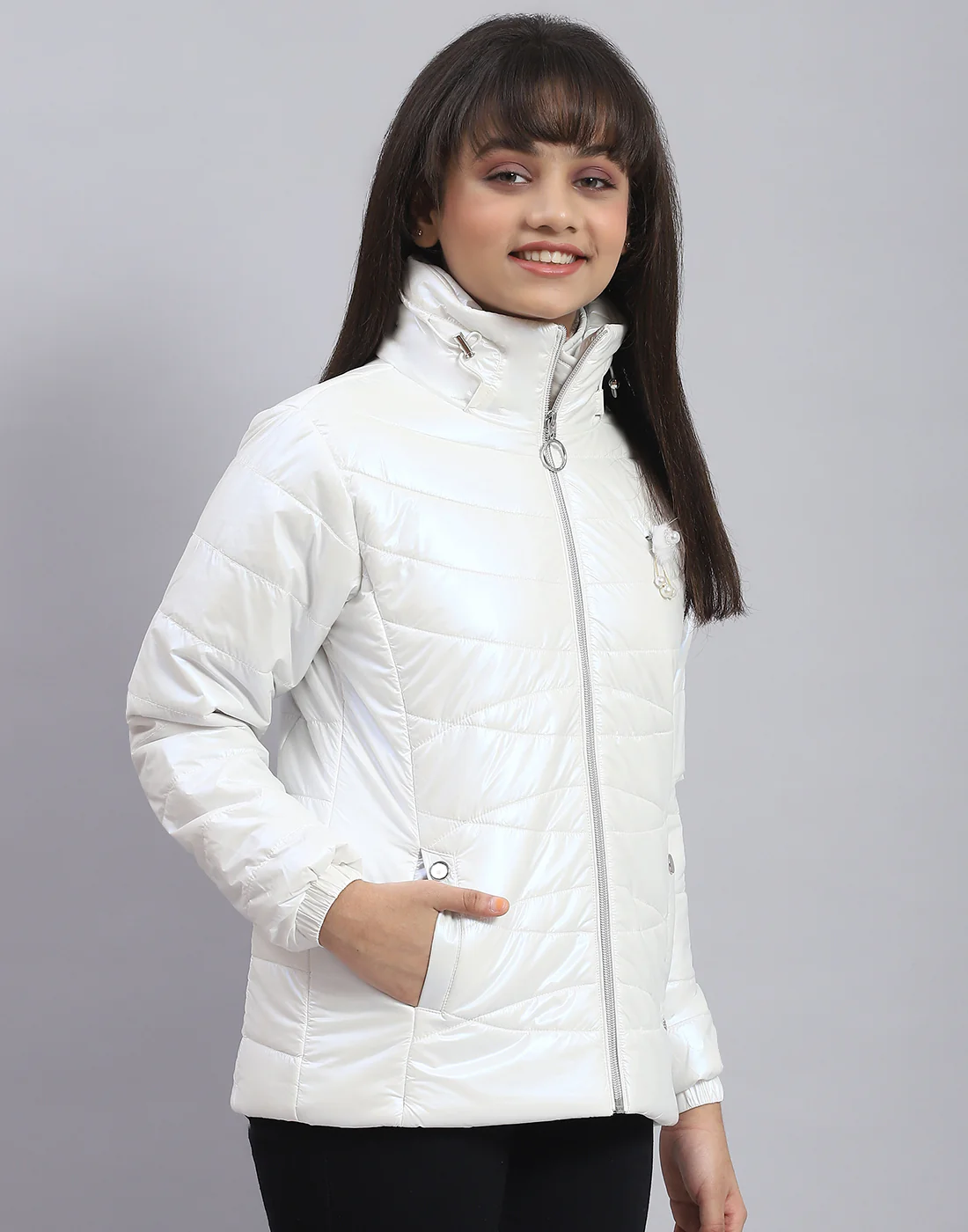 Girls Off White Solid Stand Collar Full Sleeve Girls Jacket - Image 5