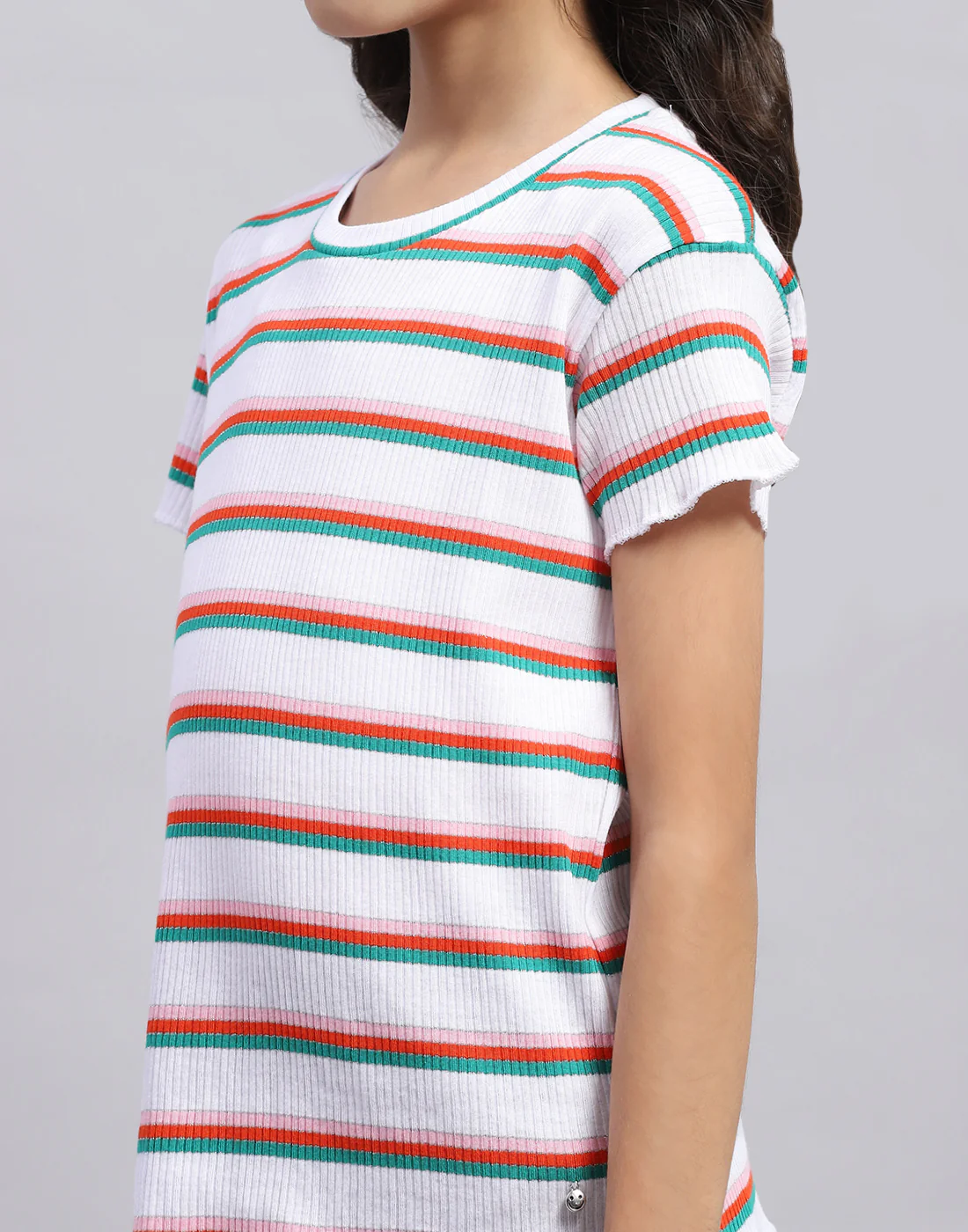 Girls Off White Stripe Round Neck Half Sleeve Top - Image 6
