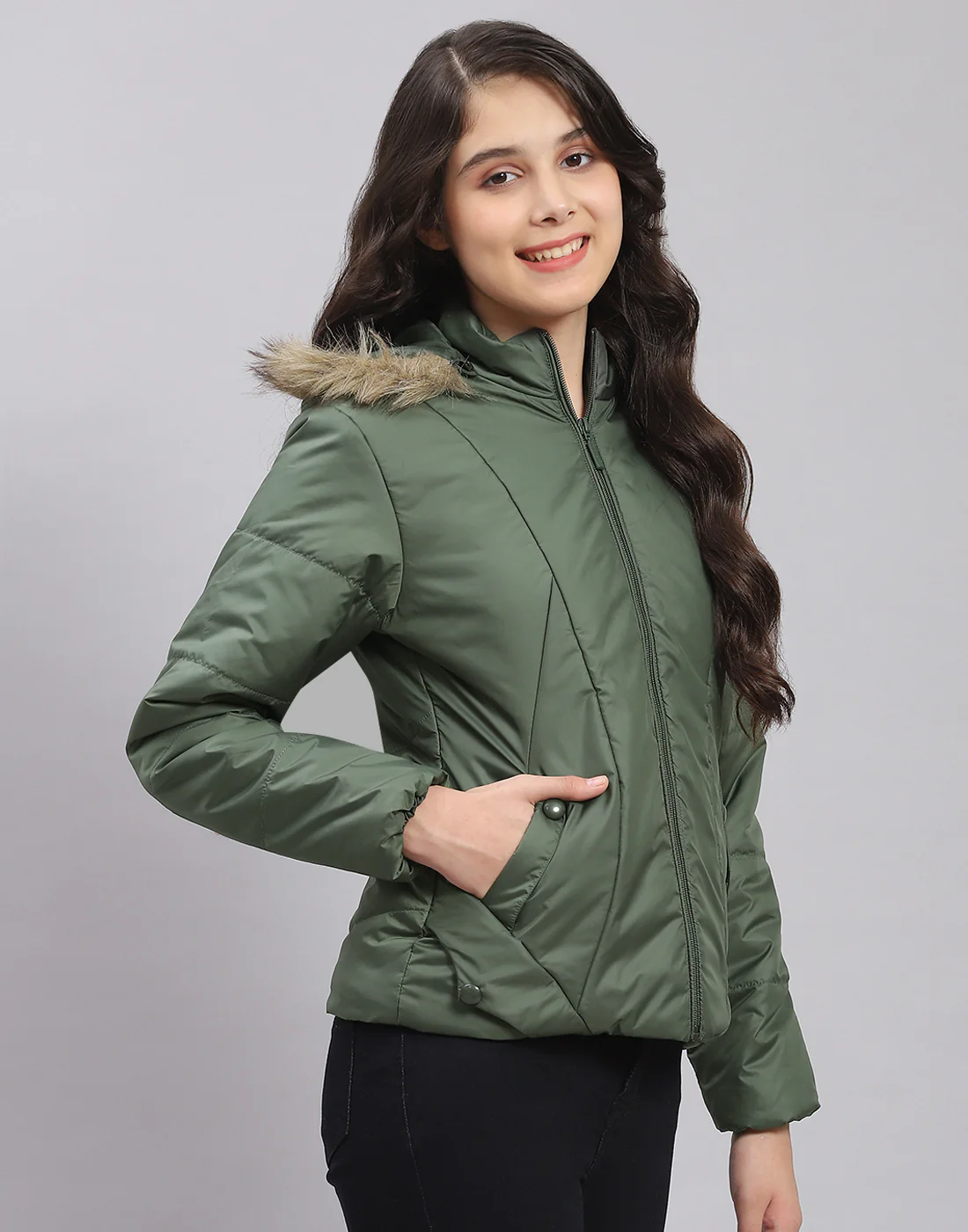 Girls Olive Solid Hooded Full Sleeve Girls Jacket - Image 5
