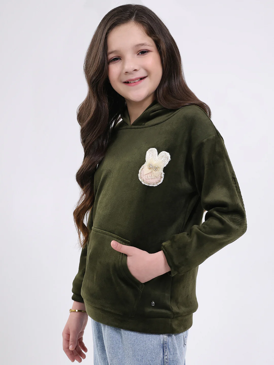 Girls Olive Solid Hooded Full Sleeve Sweatshirt - Image 3