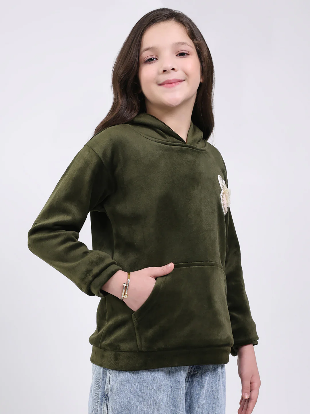 Girls Olive Solid Hooded Full Sleeve Sweatshirt - Image 4