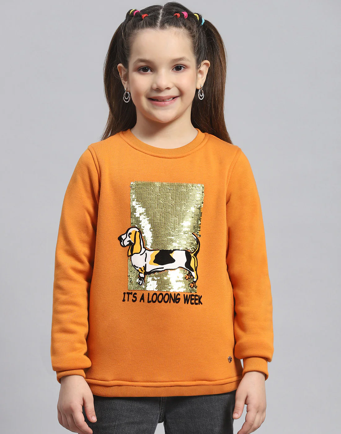 Girls Orange Embellished Round Neck Full Sleeve Sweatshirt - Image 2