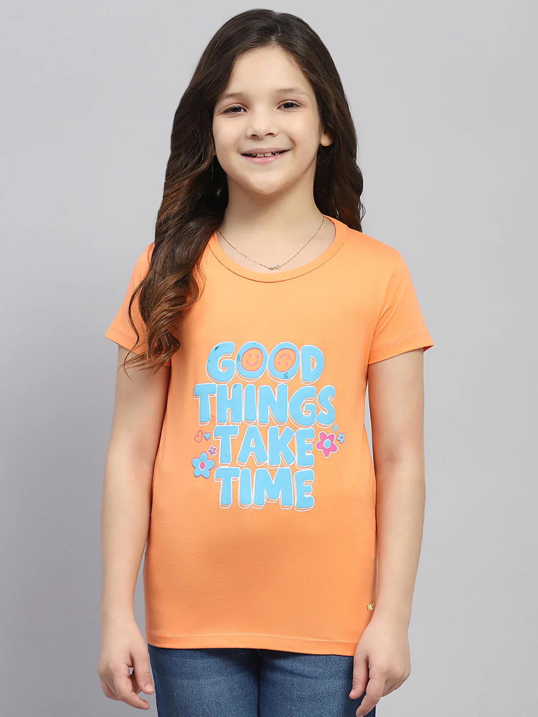 Girls Orange & Pink Printed Round Neck Half Sleeve Top 2Pc Set - Image 7