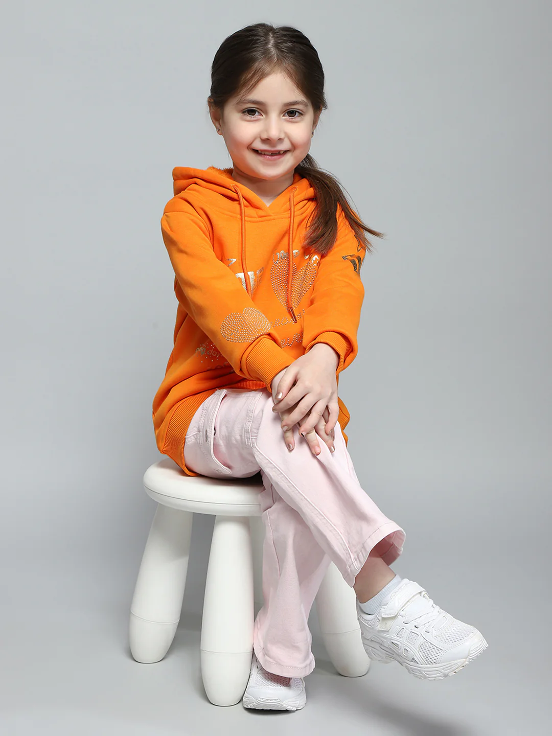 Girls Orange Printed Hooded Full Sleeve Sweatshirt - Image 2