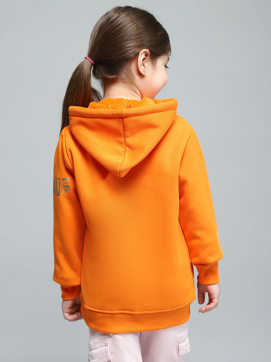 Girls Orange Printed Hooded Full Sleeve Sweatshirt - Image 5