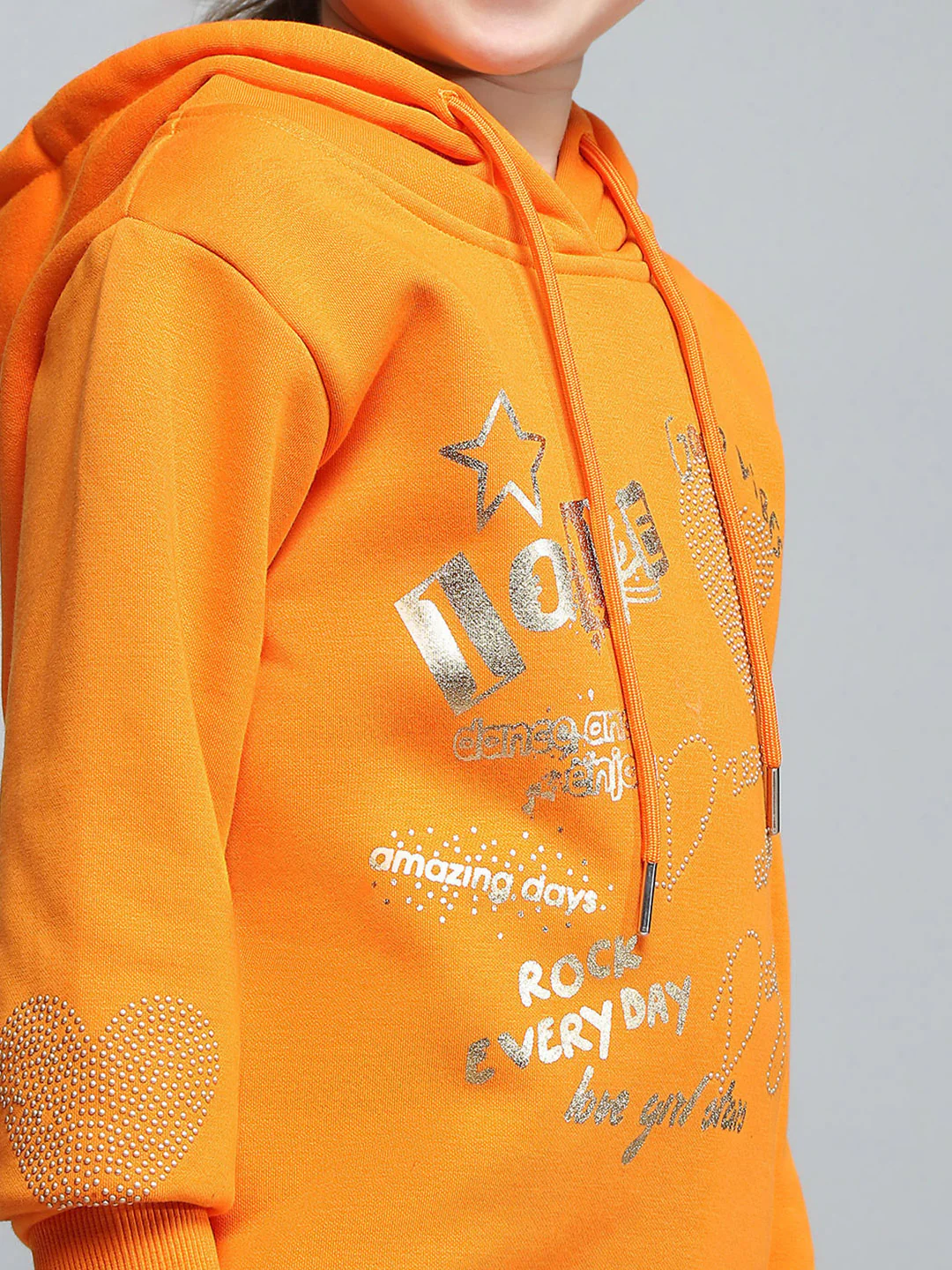 Girls Orange Printed Hooded Full Sleeve Sweatshirt - Image 7