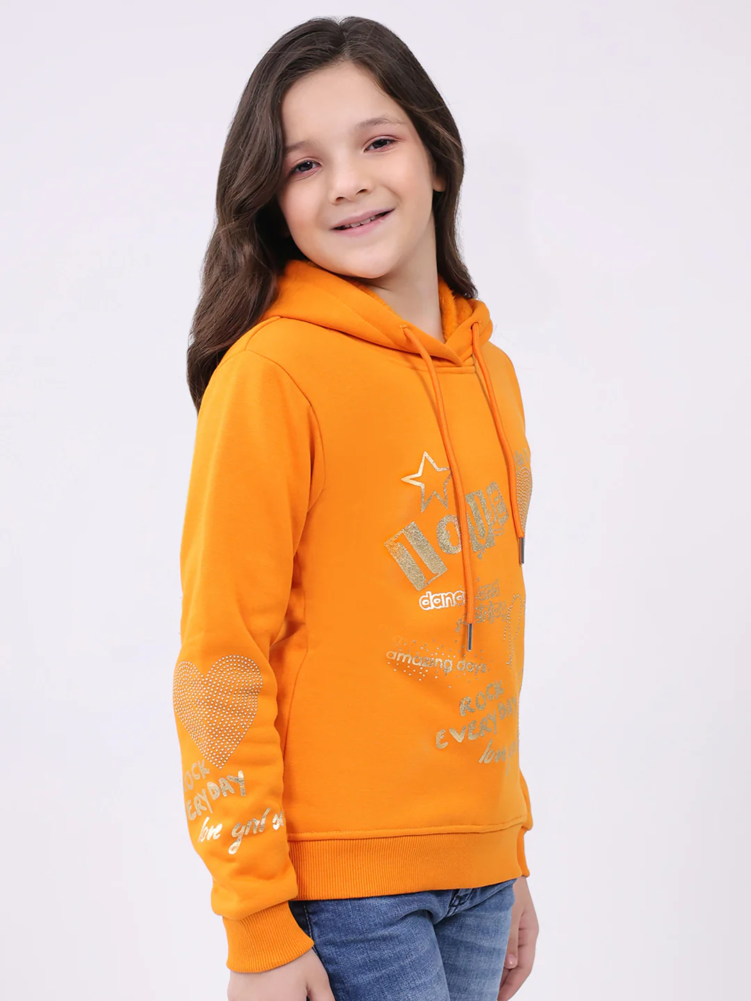 Girls Orange Printed Hooded Full Sleeve Sweatshirt - Image 4
