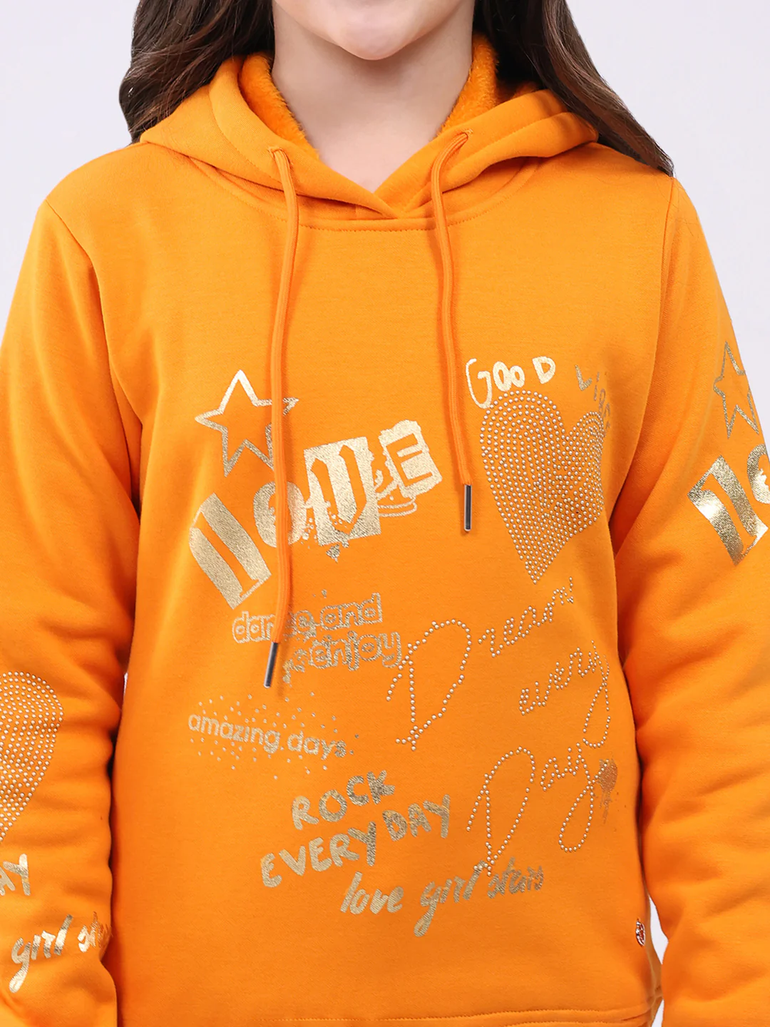 Girls Orange Printed Hooded Full Sleeve Sweatshirt - Image 6