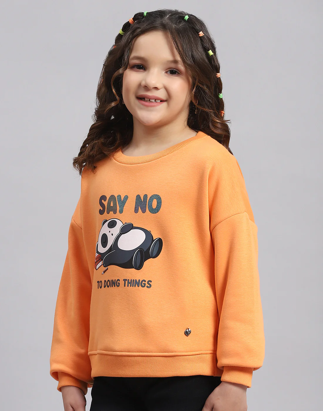 Girls Orange Printed Round Neck Full Sleeve Sweatshirt - Image 4