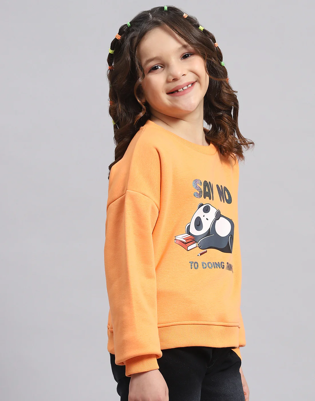Girls Orange Printed Round Neck Full Sleeve Sweatshirt - Image 5