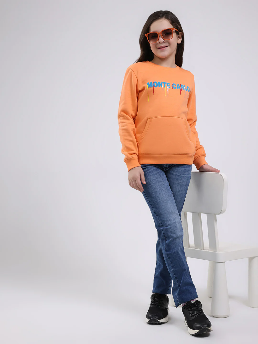 Girls Orange Printed Round Neck Full Sleeve Sweatshirt - Image 2