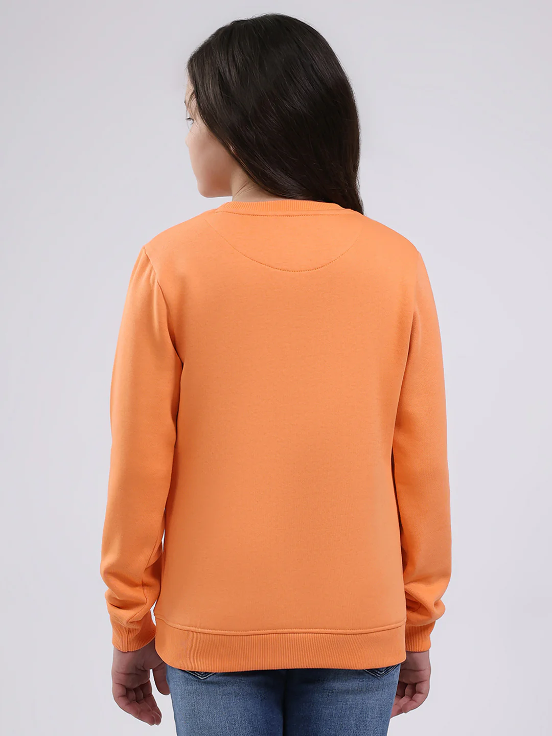 Girls Orange Printed Round Neck Full Sleeve Sweatshirt - Image 5