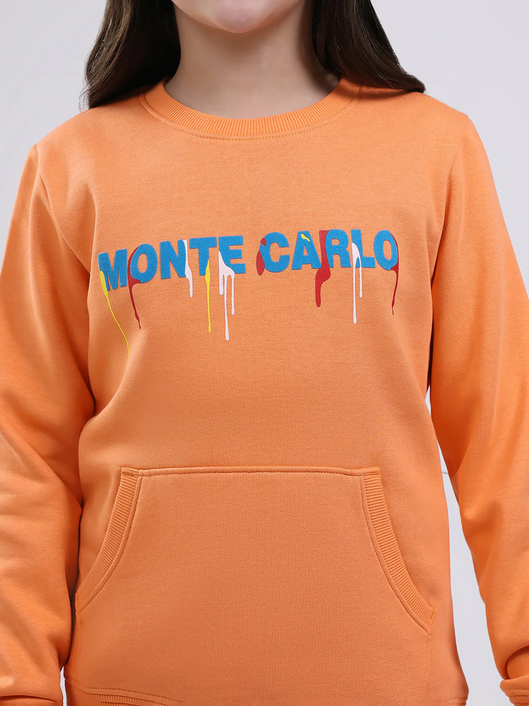 Girls Orange Printed Round Neck Full Sleeve Sweatshirt - Image 6