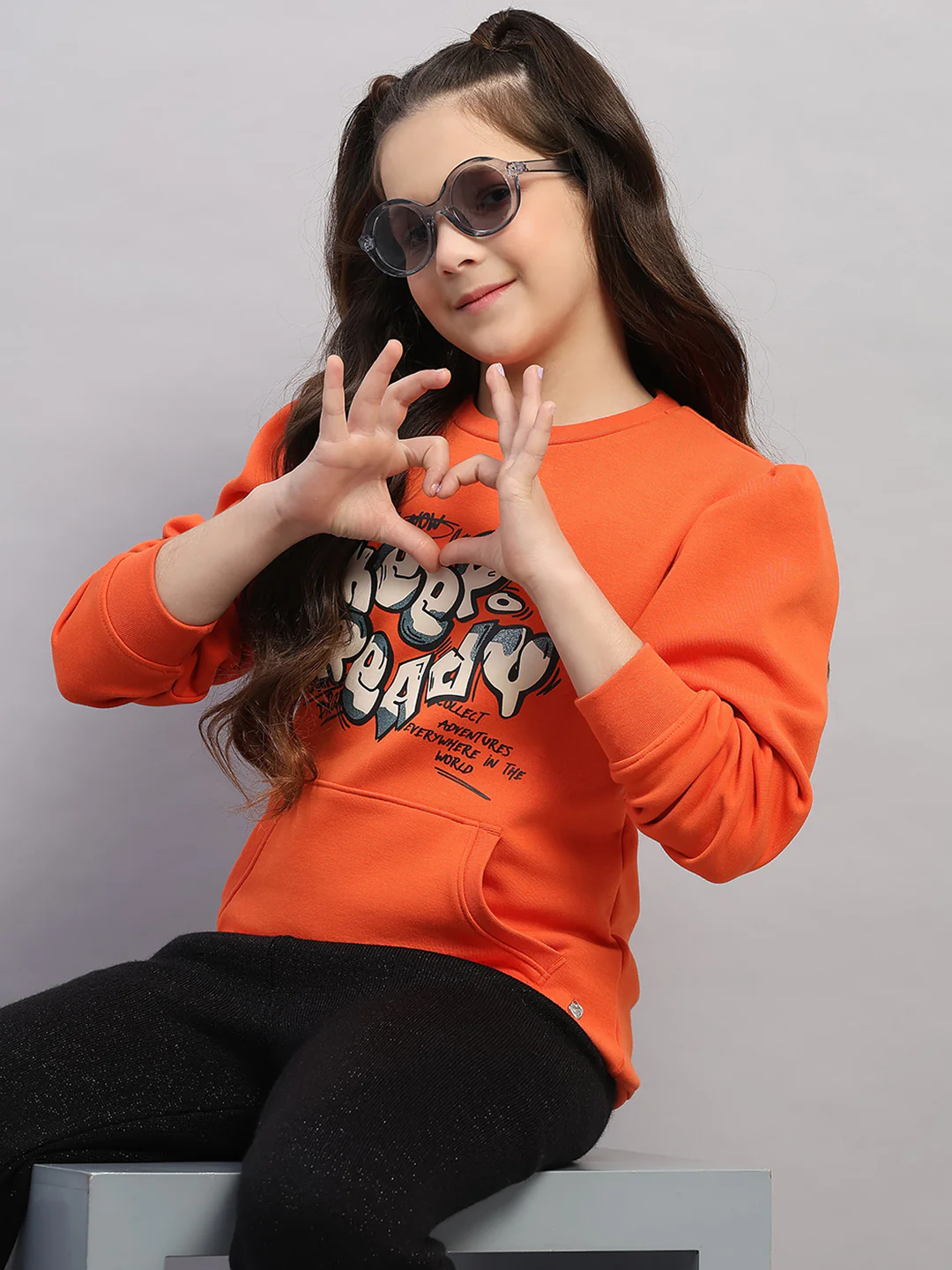 Girls Orange Printed Round Neck Full Sleeve Sweatshirt - Image 6
