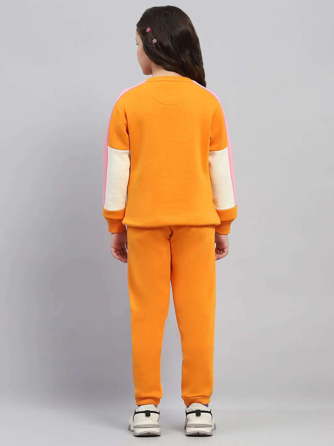 Girls Orange Printed Round Neck Full Sleeve Tracksuit - Image 5
